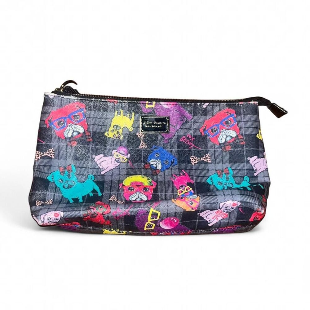 Betsey Johnson Gray Plaid Preppy Pugs Cosmetic Bag Flaw